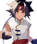  1boy absurdres bakuten_shoot_beyblade beyblade black_gloves black_hair blurry blurry_background brown_eyes chinese_clothes clenched_hands fingerless_gloves gloves hairband headband highres itky_x4 jacket kon_rei long_hair print_headband red_hairband red_sash sash simple_background solo white_background white_jacket yin_yang yin_yang_print 