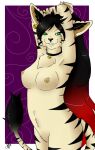 anthro asmodinara black_hair black_inner_ear_fluff black_nose border breasts collar ear_piercing felid fur green_eyes hair hi_res inner_ear_fluff looking_at_viewer male mammal multicolored_body multicolored_fur neck_tuft nipples piercing purple_background simple_background small_breasts solo standing stripes tail tail_tuft tan_body tan_fur tan_nipples tuft white_border