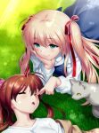  2girls blonde_hair blue_eyes brown_hair cat hair_ornament hair_ribbon kamikita_komari little_busters! long_hair multiple_girls natsume_rin open_mouth ponytail red_eyes ribbon sleeping smile twintails zen_(kamuro) 