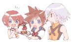  1girl 2boys amiibo bare_shoulders black_choker black_shirt blue_eyes brown_hair camisole chain_necklace chibi choker commentary cropped_torso figure fingerless_gloves gloves grey_hair hair_between_eyes in_palm jacket jewelry kairi_(kingdom_hearts) keyblade kingdom_hearts light_blush looking_at_another multiple_boys necklace nitoya_00630a open_mouth own_hands_together red_hair riku_(kingdom_hearts) shirt shirt_under_shirt short_hair short_sleeves smile sora_(kingdom_hearts) spiked_hair vest white_background white_camisole white_gloves white_jacket yellow_vest yellow_wristband 