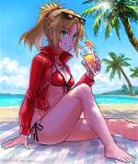  1girl beach_towel bikini blonde_hair blue_eyes blue_nails blue_sky cup dated eyewear_on_head fate/apocrypha fate_(series) fon-due_(fonfon) glint grin holding holding_cup jacket jewelry looking_at_viewer mordred_(fate) necklace palm_tree ponytail red_bikini red_jacket shore signature sitting sky smile solo swimsuit towel tree 