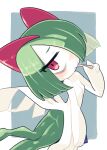  bags_under_eyes cigarette colored_skin green_hair hair_over_one_eye highres holding holding_cigarette horns ino_(tellu0120) kirlia looking_at_viewer multicolored_skin pink_eyes pokemon pokemon_(creature) sidelocks simple_background square two-tone_skin white_skin 