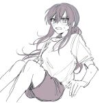  1girl azuma_(magi-inazuma) blush commentary_request feet greyscale highres long_hair monochrome open_mouth original short_sleeves shorts sitting sketch solo sweat 