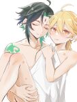  2boys aether_(genshin_impact) arm_tattoo black_hair blonde_hair blush closed_eyes closed_mouth genshin_impact green_hair hair_between_eyes kawawawawa male_focus multicolored_hair multiple_boys nude scar short_hair tattoo tears towel xiao_(genshin_impact) yaoi yellow_eyes 