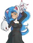 2020 absurd_res animal_humanoid ball_of_yarn big_breasts big_hair big_hands blue_hair blush blush_lines breasts capcom cat_humanoid claws clenched_teeth clothed clothing darkstalkers digital_drawing_(artwork) digital_media_(artwork) dress entangled felicia_(darkstalkers) felid felid_humanoid feline feline_humanoid female fur green_eyes hair hi_res humanoid jewelry justdavefnd light_body light_skin mammal mammal_humanoid necklace nun nun_outfit one_eye_closed portrait simple_background solo struggling teeth thread three-quarter_portrait white_background white_body white_fur wide_hips yarn