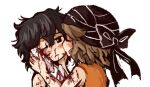  2others androgynous black_eyes black_hair black_turban blood blood_on_arm blood_on_face blood_on_hands brown_hair cine_hamal collared_shirt commentary cuts enraku_tsubakura gzpxllztt heart heart_in_eye injury kiss kissing_cheek kuzu_suzumi len&#039;en messy_hair multiple_others nosebleed one_eye_closed orange_shirt other_focus shirt short_hair simple_background sketch sleeveless sleeveless_shirt symbol_in_eye turban white_background white_shirt 