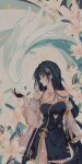  bailian_(wuthering_waves) bare_shoulders black_gloves black_hair blush chinese_clothes cleavage_cutout clothing_cutout earrings fingerless_gloves flower from_side gloves hair_ornament highres jewelry long_hair thighs white_string wuthering_waves xuehina 