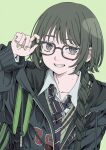  1girl backpack bag blue_necktie braid brown_hair glasses green_background green_bag green_hair green_jacket green_nails green_shirt haku_geroda jacket looking_at_viewer necktie original school_uniform shirt single_braid smile solo 