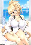  1girl bare_shoulders bed blonde_hair blue_eyes breasts cleavage collarbone fate/grand_order fate_(series) glasses high_ponytail highleg highleg_swimsuit highres jacket jeanne_d&#039;arc_(fate) jeanne_d&#039;arc_(swimsuit_archer)_(fate) jeanne_d&#039;arc_(swimsuit_archer)_(second_ascension)_(fate) large_breasts long_hair looking_at_viewer one-piece_swimsuit open_mouth smile speech_bubble swimsuit thighs translated unadon very_long_hair whistle whistle_around_neck white_jacket white_one-piece_swimsuit 