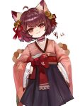  1girl ahoge animal_ear_fluff animal_ears bell black_hakama blush brown_hair cat_ears commentary_request dokomon hair_bell hair_ornament hair_ribbon hakama hakama_short_skirt hakama_skirt highres ichihime japanese_clothes jingle_bell kimono korean_commentary long_sleeves looking_at_viewer mahjong_soul obi parted_lips pink_kimono red_eyes red_ribbon ribbon sash short_hair simple_background skirt sleeves_past_wrists solo translation_request white_background wide_sleeves 