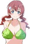  1girl bare_shoulders bikini blue_eyes breasts breasts_apart closed_mouth collarbone commentary_request emma_verde green_bikini haruno_riku highres large_breasts looking_at_viewer love_live! love_live!_nijigasaki_high_school_idol_club medium_hair red_hair sidelocks smile solo swimsuit twintails upper_body white_background 