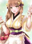 1girl apple apron basket bow brown_hair commentary_request fire_emblem fire_emblem_engage food frilled_apron frills fruit goldmary_(fire_emblem) hair_bow highres japanese_clothes kimono kirishima_riona long_hair obi purple_sash sash solo striped_clothes striped_kimono upper_body vertical-striped_clothes vertical-striped_kimono waist_apron white_apron yellow_bow yellow_eyes 