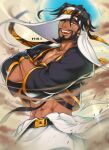  1boy abs artist_name beard brown_hair dark-skinned_male dark_skin facial_hair headband highres male_focus ngi_kta open_mouth rashid_(street_fighter) signature smile solo street_fighter yellow_eyes 