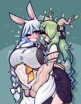  2girls animal_ears blue_hair blush bow braid breasts ceres_fauna choker closed_eyes cowboy_shot english_commentary futa_with_female futanari green_hair hair_between_eyes hair_bow hair_over_one_eye heart heart-shaped_pupils highres hololive hololive_english hug hug_from_behind huge_breasts huge_penis large_insertion limebreaker multiple_girls one_eye_closed pekomama penis pussy_juice rabbit_ears rabbit_girl rabbit_tail sex sex_from_behind skirt smile standing standing_sex stomach_bulge sweat symbol-shaped_pupils tail thighhighs trembling twintails 