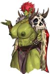  1509virgoart 1girl absurdres armor breasts bula_(virgoart1509) cape colored_nipples colored_skin earrings female_orc fur-trimmed_cape fur_trim green_nipples green_skin highres huge_breasts jewelry loincloth muscular muscular_female navel necklace orc original pauldrons pointy_ears red_cape red_hair short_hair shoulder_armor simple_background skull_pauldron solo tusks white_background 
