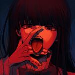  1girl blunt_bangs close-up frederica_bernkastel hand_on_own_face highres long_hair looking_at_viewer nasu_(nasuotabe) open_mouth red_theme solo teeth tongue tongue_out umineko_no_naku_koro_ni 