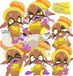  1girl blonde_hair colored_eyelashes colored_tongue crop_top dark-skinned_female dark_skin ear_piercing fangs frye_(splatoon) harem_pants highres jewelry kiirono midriff multicolored_hair multiple_views pants piercing pointy_ears purple_tongue shawl short_eyebrows splatoon_(series) splatoon_3 tentacle_hair yellow_eyes yellow_shawl 