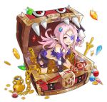  1girl :d ahoge ark_order artist_request black_shorts bra chain coin detached_sleeves facial_mark fang faux_figurine full_body gem gold gold_coin holding holding_key horns key long_hair long_sleeves looking_at_viewer mimic mimic_(ark_order) mimic_chest official_art pink_eyes pink_hair potion purple_bra purple_horns purple_shirt shirt short_bangs shorts sidelocks smile solo transparent_background treasure treasure_chest twintails underwear vase 