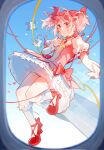  1girl aircraft airplane airplane_interior blue_sky blush bow bubble_skirt choker closed_mouth commentary corrupted_twitter_file day dress english_commentary floating_hair flying gloves hair_bow hand_up highres index_finger_raised kaname_madoka kneehighs lens_flare looking_at_viewer magical_girl mahou_shoujo_madoka_magica outstretched_arm pink_bow pink_choker pink_dress pink_eyes pink_hair puffy_short_sleeves puffy_sleeves red_footwear short_hair short_sleeves short_twintails skirt sky socks solo soul_gem twintails white_gloves white_socks window ziyin 