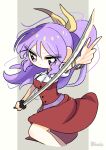  1girl :/ absurdres belt breasts chibi commentary_request cropped_legs dotaku_(wran8845) dress eyes_visible_through_hair grey_background hair_between_eyes hair_ribbon high_ponytail highres holding holding_sword holding_weapon katana long_hair looking_at_viewer medium_breasts outstretched_arm purple_eyes purple_hair red_dress ribbon serious simple_background solo sword touhou v-shaped_eyebrows very_long_hair watatsuki_no_yorihime weapon yellow_ribbon 