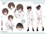  1boy admiral_(kancolle) brown_hair collared_shirt commission full_body gun handgun hat highres holding holding_gun holding_weapon kantai_collection little_boy_admiral_(kancolle) long_sleeves male_focus military military_uniform multiple_views open_mouth pixiv_id r-king red_eyes reference_sheet shirt shoes shorts simple_background skeb_commission sleeves_past_fingers sleeves_past_wrists socks standing sweat uniform weapon white_hat white_shirt white_shorts 