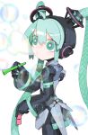  1girl absurdres ahoge android aqua_eyes aqua_hair aqua_necktie bare_shoulders black_sleeves blowing_bubbles blurry blurry_foreground bright_pupils bubble_pipe cable_hair character_name cheri_zao cowboy_shot detached_sleeves from_side hatsune_miku highres holding joints long_hair looking_at_viewer mechanical_parts miniskirt necktie robot_girl robot_joints see-through see-through_skirt see-through_sleeves shadow shirt simple_background skirt sleeveless sleeveless_shirt soap_bubbles solo standing very_long_hair vocaloid white_background white_pupils 