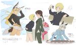  4girls absurdres animal_ears bare_legs black_jacket blonde_hair blue_eyes blue_jacket blue_sky blush bouquet brown_hair card character_request cloud collared_shirt commentary_request eila_ilmatar_juutilainen erica_hartmann flower gertrud_barkhorn green_jacket grey_hair highres holding holding_bouquet jacket long_hair long_sleeves military_jacket military_uniform mini_person minigirl multiple_girls parted_lips pink_flower playing_card ponytail purple_eyes rekari_(rekari628) shirt short_hair sitting skirt sky smile strike_witches tail uniform white_skirt world_witches_series yuri 