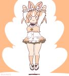 1girl animal_ears arms_up bow bowtie brown_background brown_hair coroha domestic_rabbit_(kemono_friends) extra_ears full_body jumping kemono_friends looking_at_viewer rabbit_ears rabbit_girl ribbon shirt shoes short_hair simple_background skirt socks solo 