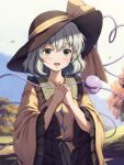  1girl :d black_hat bow buttons collared_shirt commentary_request diamond_button eyeball frilled_sleeves frills green_eyes grey_hair happy hat hat_bow highres kinoniku komeiji_koishi long_sleeves medium_hair outdoors shirt smile solo third_eye touhou tree wide_sleeves yellow_bow yellow_shirt 