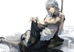  1girl apron au_ra black_bra black_dress black_footwear black_ribbon bra breasts broom dress expressionless final_fantasy final_fantasy_xiv full_body grey_hair highres holding holding_broom horns large_breasts long_hair looking_at_viewer maid rff_(3_percent) ribbon see-through shoes simple_background sitting skirt_hold solo underwear waist_apron warrior_of_light_(ff14) white_apron white_background 
