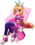  1girl absurdres black_bodysuit blonde_hair blue_eyes blush_stickers bodysuit bodysuit_under_clothes cleavage_cutout clothing_cutout coat facial_mark forehead forehead_mark gloves hat highres invisible_chair jiwochin long_hair looking_at_viewer mega_man_(series) mega_man_zx on_head pink_coat pink_footwear pink_shorts prairie_(mega_man) robot_ears shako_cap shorts sitting solo stuffed_toy twitter_username unworn_headwear white_gloves 