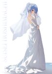  1girl absurdres alternate_costume asymmetrical_hair backless_dress backless_outfit blue_eyes blue_hair blue_nails blush breasts bridal_gauntlets bridal_veil closed_mouth commentary dangle_earrings dress earrings eyelashes flower from_side full_body gloves hair_between_eyes hair_bun hair_flower hair_ornament highres hololive hoshimachi_suisei jewelry light_blue_hair looking_at_viewer medium_hair nail_polish ponytail profile rose simple_background single_side_bun small_breasts smile solo standing star_(symbol) star_earrings strapless strapless_dress totuoooo1015 veil virtual_youtuber wedding_dress white_background white_dress white_flower white_gloves white_rose white_veil 