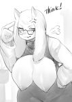 3gs 4_fingers anthro areola big_breasts boss_monster_(undertale) bovid breasts caprine clothed clothing cross-popping_vein exposed_breasts female figners fingers floppy_ears greyscale hanging_breasts hi_res horn huge_breasts leaning leaning_forward long_ears mammal monochrome nipples one_eye_closed solo toriel undertale_(series)