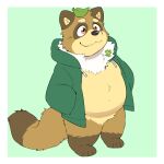 1:1 2024 anthro belly biped black_nose border brown_body brown_fur canid canine clothing fur ginnosuke hi_res kemono leaf leaf_on_head mammal raccoon_dog simple_background slightly_chubby smile solo sweater tanuki topwear white_border