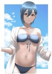  1girl absurdres bikini blue_bikini blue_hair blue_sky border breasts breasts_apart brown_eyes closed_mouth collarbone commentary_request crossed_bangs groin hair_between_eyes highres long_sleeves looking_at_viewer love_live! love_live!_superstar!! medium_breasts midriff navel open_clothes open_shirt outside_border s_sho_mkrn shirt short_hair single_bare_shoulder single_sidelock sky solo swimsuit upper_body wakana_shiki white_border white_shirt 