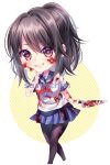  1girl arm_at_side artist_name ayano_aishi black_hair black_thighhighs blood blood_on_clothes blood_on_face blood_on_knife blue_sailor_collar blue_skirt blush bright_pupils chibi chibi_only finger_to_own_chin full_body grin hair_between_eyes heart heart-shaped_pupils highres holding holding_knife index_finger_raised kitchen_knife knife looking_at_viewer medium_hair miniskirt neckerchief pantyhose pink_pupils ponytail purple_eyes red_neckerchief sailor_collar sasucchi95 school_uniform shirt skirt smile solo striped_background symbol-shaped_pupils thighhighs transparent_background walking white_shirt yandere_simulator yellow_background 