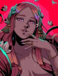  1girl aphrodite_(hades) bracelet breasts english_commentary flower hades_(series) hades_1 hair_censor hair_ornament highres jewelry koyorin long_hair looking_at_viewer no_shirt nude parted_lips pink_eyebrows pink_eyes pink_hair pink_nails red_background red_lips ring solo 