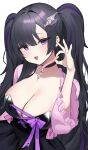  1girl 2er0_zo absurdres black_choker black_hair black_skirt bodice breasts choker cleavage cross-laced_clothes fang highres holding large_breasts long_hair moon_momo multicolored_hair open_mouth purple_eyes purple_hair purple_ribbon ribbon second-party_source skirt solo streaked_hair twintails virtual_youtuber vlyz wing_hair_ornament 