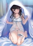  1girl absurdres babydoll barefoot black_eyes black_hair bluhs breasts bridal_garter commentary_request full_body highres indoors kotohane lingerie long_hair navel on_bed original panties pout sitting small_breasts solo twintails underwear wavy_hair white_panties 