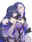  2girls absurdres acheron_(honkai:_star_rail) bare_shoulders biting black_gloves black_swan_(honkai:_star_rail) breasts cleavage closed_eyes commentary_request dress gloves highres hiratechen honkai:_star_rail honkai_(series) long_hair medium_breasts multiple_girls purple_dress purple_hair simple_background sleeveless sleeveless_dress upper_body veil very_long_hair white_background yuri 