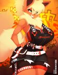 2022 alley anthro anthrofied belt big_breasts big_tail biped black_clothing black_overalls black_topwear blonde_hair breasts brown_inner_ear brown_nose canid canine clothed clothing colored curvy_figure detailed_background digital_media_(artwork) eeveelution english_text female female_anthro fingers flareon fluffy fluffy_tail front_view fully_clothed fur generation_1_pokemon green_eyes grin hair hands_on_hips hi_res hourglass_figure huge_breasts humanoid_hands long_hair mammal monotone_hair monotone_tail multicolored_body multicolored_fur neck_tuft nintendo orange_body orange_ears orange_fur overalls pokemon pokemon_(species) pokemorph portrait pouch_(clothing) shaded skwidbone sleeveless small_waist smile solo standing tail text text_on_clothing thick_tail thick_thighs three-quarter_portrait three-quarter_view topwear tuft two_tone_body two_tone_fur warm_colors wide_hips yellow_body yellow_fur yellow_tail zipper