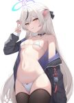  1girl :3 absurdres animal_ears bikini black_bow black_choker black_jacket black_thighhighs blue_archive bow breasts cameltoe chinchilla_ears choker closed_mouth dchiang gradient_hair grey_hair hair_bow halo highres jacket kokona_(blue_archive) looking_at_viewer micro_bikini multicolored_hair navel off_shoulder simple_background small_breasts smile solo standing stomach studded_choker swimsuit thighhighs tongue tongue_out v white_background white_bikini white_hair yellow_eyes 