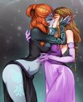  2girls brown_hair closed_eyes colored_skin dress front_ponytail hands_on_another&#039;s_face highres kiss leaning_forward midna midna_(true) mina_cream multicolored_skin multiple_girls neon_trim orange_hair pink_dress pointy_ears princess_zelda the_legend_of_zelda the_legend_of_zelda:_twilight_princess thighs two-tone_skin yuri 