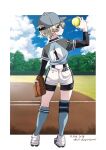  1girl ball baseball_cap baseball_field baseball_mitt bike_shorts bike_shorts_under_shorts black_shorts blue_eyes blue_hat blue_shirt blue_sky blue_socks closed_mouth cloud cloudy_sky commentary_request dated day emblem from_behind girls_und_panzer hat highres holding holding_ball inoue_yoshihisa keizoku_(emblem) knee_pads kneehighs layered_sleeves long_sleeves looking_at_viewer looking_back outdoors partial_commentary shirt short_hair short_over_long_sleeves short_shorts short_sleeves shorts sky smile socks softball softball_uniform solo sportswear standing twitter_username white_hair white_shorts youko_(girls_und_panzer) 