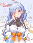  1girl animal_ear_fluff animal_ears apron blue_hair blush braid breasts highres hololive large_breasts long_hair looking_at_viewer mature_female multicolored_hair multiple_others pekomama rabbit_ears rabbit_girl red_eyes short_eyebrows smile solo_focus thick_eyebrows translation_request virtual_youtuber white_hair z.m._(zimin) 