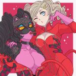  +_+ 2girls animal_ears arm_around_shoulder arm_around_waist belt_collar black_hair blue_eyes bodysuit border breasts carmen_(persona_5) cat_ears cat_mask catsuit cigar cleavage collar colored_skin drill_hair full-length_zipper gloves large_breasts looking_at_viewer mask multiple_girls o3o outside_border persona persona_5 pink_background pink_gloves purple_skin red_bodysuit red_lips takamaki_anne twin_drills twintails white_border yellow_eyes yosikawayuzu zipper 