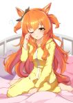  1girl absurdres alternate_costume animal_ears barefoot blush commentary_request ear_ornament hair_between_eyes heart heart-shaped_pillow highres horse_ears horse_girl horse_tail long_hair long_sleeves mayano_top_gun_(umamusume) on_bed one_eye_closed orange_eyes orange_hair pajamas parted_lips pillow simple_background sitting solo sunny_(20597521) tail two_side_up umamusume very_long_hair waking_up wariza white_background yellow_pajamas 