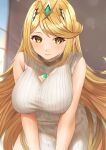  1girl :o blonde_hair breasts chest_jewel cleavage cleavage_cutout closed_mouth clothing_cutout commentary_request cowboy_shot earrings edamameoka gem green_gemstone highres indoors jewelry large_breasts leaning_forward light_rays light_smile long_hair looking_at_viewer mythra_(xenoblade) ribbed_sweater shiny_skin sidelocks single_bare_shoulder solo sweater swept_bangs tiara very_long_hair window xenoblade_chronicles_(series) xenoblade_chronicles_2 yellow_eyes 