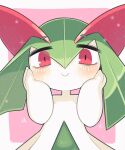 bags_under_eyes blush colored_skin green_hair hands_on_own_cheeks hands_on_own_face highres horns ino_(tellu0120) kirlia looking_at_viewer multicolored_skin pink_background pink_eyes pokemon pokemon_(creature) sidelocks simple_background smile square two-tone_skin white_skin 