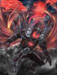  1boy armor black_armor black_background commentary_request faiz faiz_accel faiz_driver finishing_move from_below glowing glowing_eyes helmet kamen_rider kamen_rider_555 kamen_rider_faiz landing landscape male_focus rain red_eyes simple_background solo squatting tokusatsu tsubasansan 